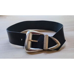 2" Wide Leather Belt Black Waist Cinch V Slouch Heavy Silver Plated Buckle 32"